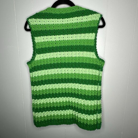 Homemade Sweater Vest Hand Knit M/L Green Chunky Knit Buttons V-Neckline Stripe - Picture 2 of 10